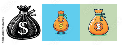 Minimal Black Silhouette Money Bag and Coin Icon with Dollar Symbol Vector Style Design