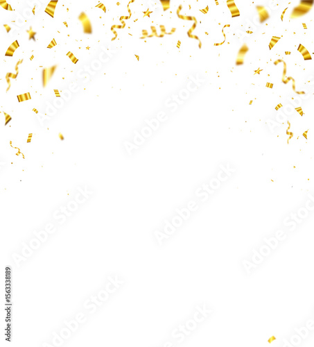 Celebration gold confetti background with ribbons and stars on transparent background. holiday, birthday, celebration party, confetti illustration.