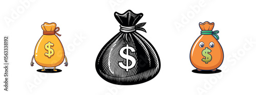 Minimal Black Silhouette Money Bag and Coin Icon with Dollar Symbol Vector Style Design