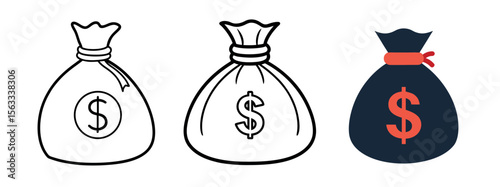 Minimal Black Silhouette Money Bag and Coin Icon with Dollar Symbol Vector Style Design