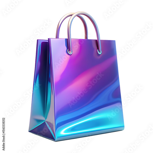 purple blue shopping bag holographic iridescent 3d isolated on white background PNG , AI GENERATED