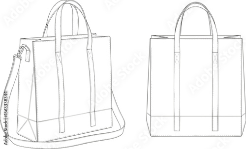 Minimalist tote bag vector illustration with long handle straps and side view, ideal for fashion, branding, packaging, shopping bag mockups