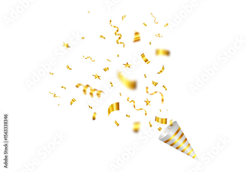 Party popper with gold confetti and serpentine explosion isolated on transparent background for celebration. Happy birthday concept