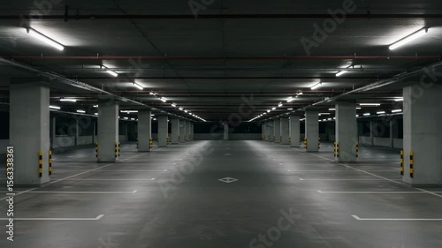 Empty underground parking lot with fluorescent lights and concrete walls  