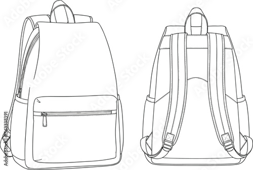 Minimalist backpack flat technical drawing, front and back view, zipper pocket design, fashion bag sketch, adjustable padded shoulder straps