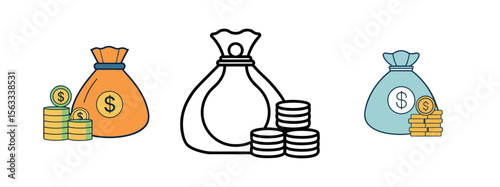 Minimal Black Silhouette Money Bag and Coin Icon with Dollar Symbol Vector Style Design