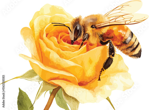 Honeybee on a Yellow Rose Vector Illustration Isolated on White