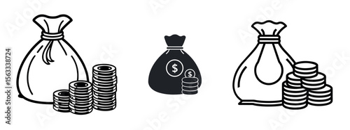 Minimal Black Silhouette Money Bag and Coin Icon with Dollar Symbol Vector Style Design