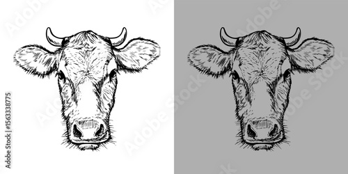 Vector hand drawn illustration. Cow head in black color.