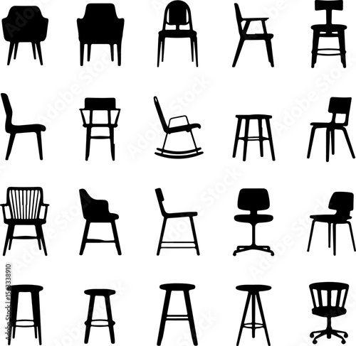 Diverse chair silhouettes black and white collection stool armchair