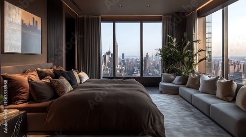 Minimalist brown bedroom featuring soft bedding, accent pillows, soft carpet, industrial-style marble wood flooring, large city-view window, and cozy grey seating