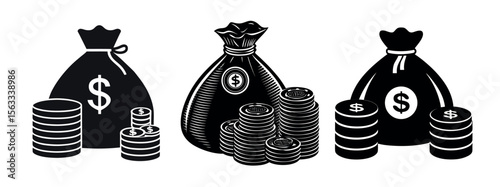 Minimal Black Silhouette Money Bag and Coin Icon with Dollar Symbol Vector Style Design