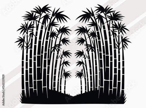 Serene Bamboo Forest Silhouette with Tall Elegant Trees in Natural Black and White Artistic Design