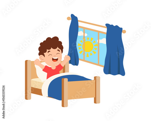 Boy woke up in his bed. Window, morning, sun. Vector color illustration.