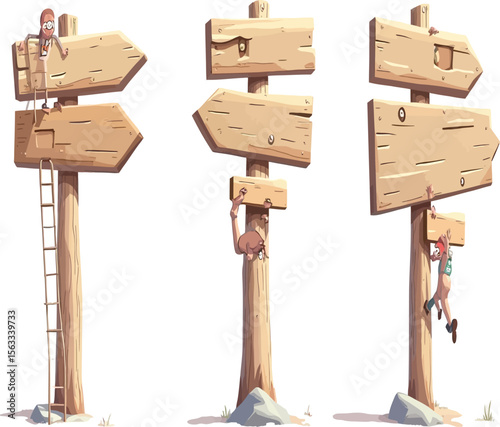 Explore with directional wooden signs, each offering unique character and charm; perfect for adding a touch of adventure to any project through wayfinding design elements.
