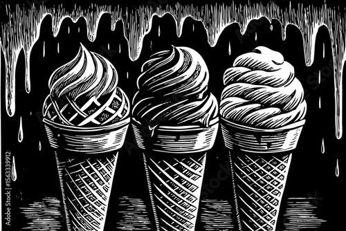ice cream cone with three scoops and melting drips, great for dessert branding, summer prints or fun packaging a black and white line art illustration