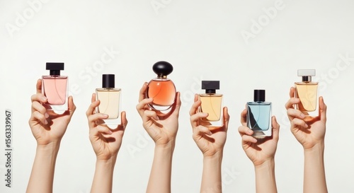 six hands holding a diverse collection of perfume bottles against a clean white background, showcasing various fragrances and beauty products in a minimalist studio setting