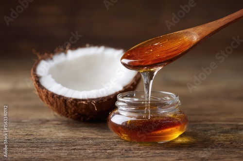 Halved coconut with wooden spoon and oil dripping 
