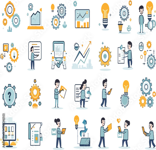 Various business workflow concepts come together in a collection of engaging flat icons, offering a modern and clean style suitable for presentations and web design projects.