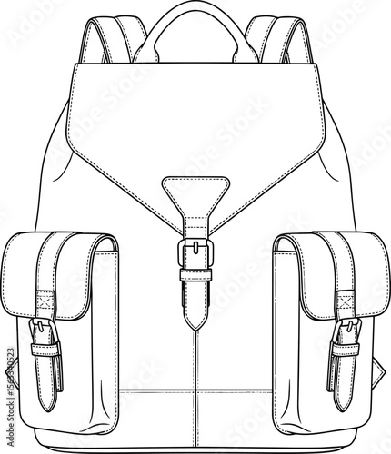 Stylish leather backpack vector drawing, front view line art, flap closure bag sketch, dual pocket design, fashion accessory illustration