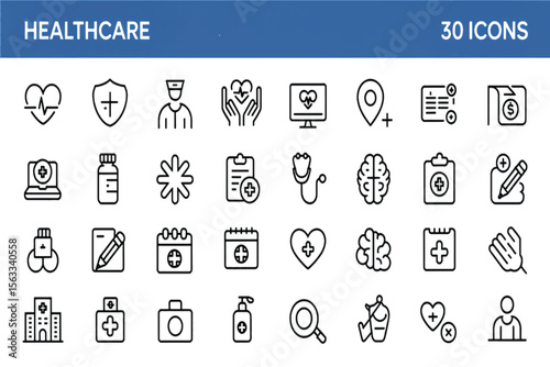 A 30-icon healthcare line art set in a 5x6 grid with blue banner text, white background, detailed symbols 