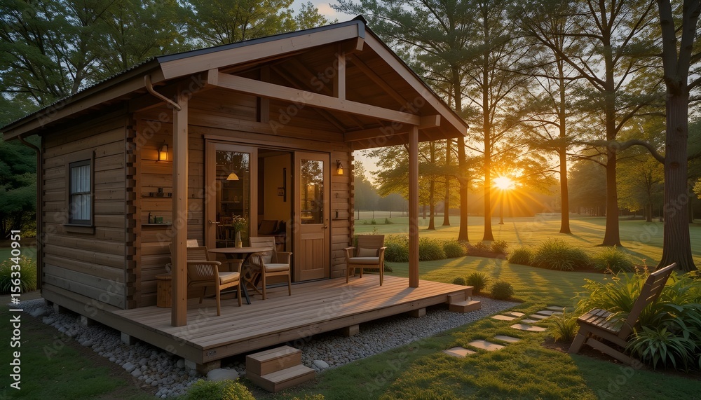 Cozy wooden cabin with outdoor seating in a lush green park during sunset Cozy wooden cabin with outdoor seating in a lush green park during sunset