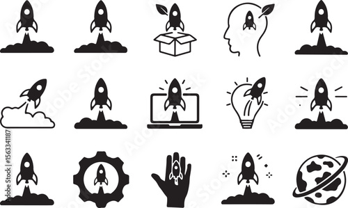 Rocket launch and space exploration icons startup