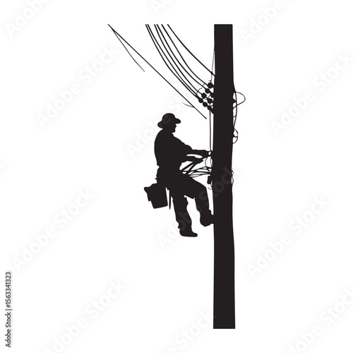 Lineman silhouette climbing electric pole vector artwork, Lineman silhouette vector flat illustration design