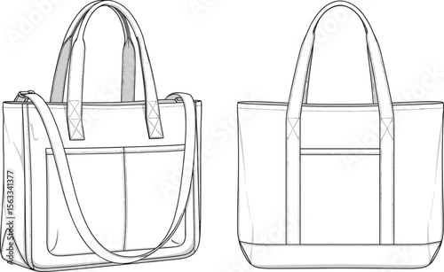 Tote bag technical flat sketch with shoulder strap, front pocket, vector template for fashion accessories, handbag mockup, sewing pattern illustration