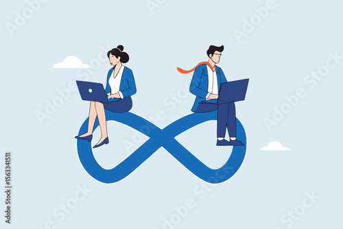 Flat illustration of business people sitting on infinity loop while working on laptops to represent continuous workflow, agile collaboration, and sustainable productivity
