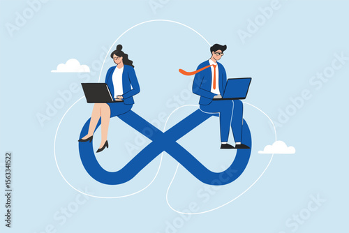 Flat illustration of business people sitting on infinity loop while working on laptops to represent continuous workflow, agile collaboration, and sustainable productivity