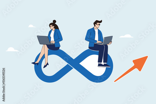 Flat illustration of business people sitting on infinity loop while working on laptops to represent continuous workflow, agile collaboration, and sustainable productivity