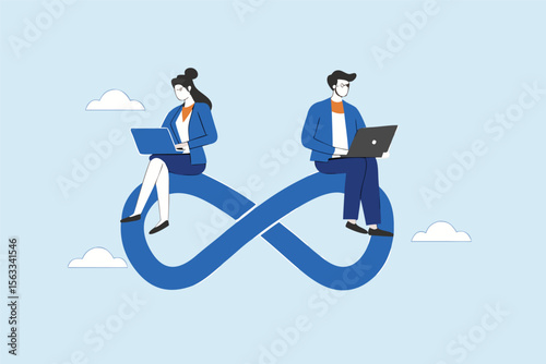 Flat illustration of business people sitting on infinity loop while working on laptops to represent continuous workflow, agile collaboration, and sustainable productivity