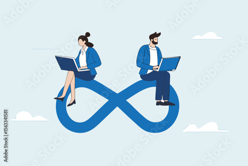 Flat illustration of business people sitting on infinity loop while working on laptops to represent continuous workflow, agile collaboration, and sustainable productivity