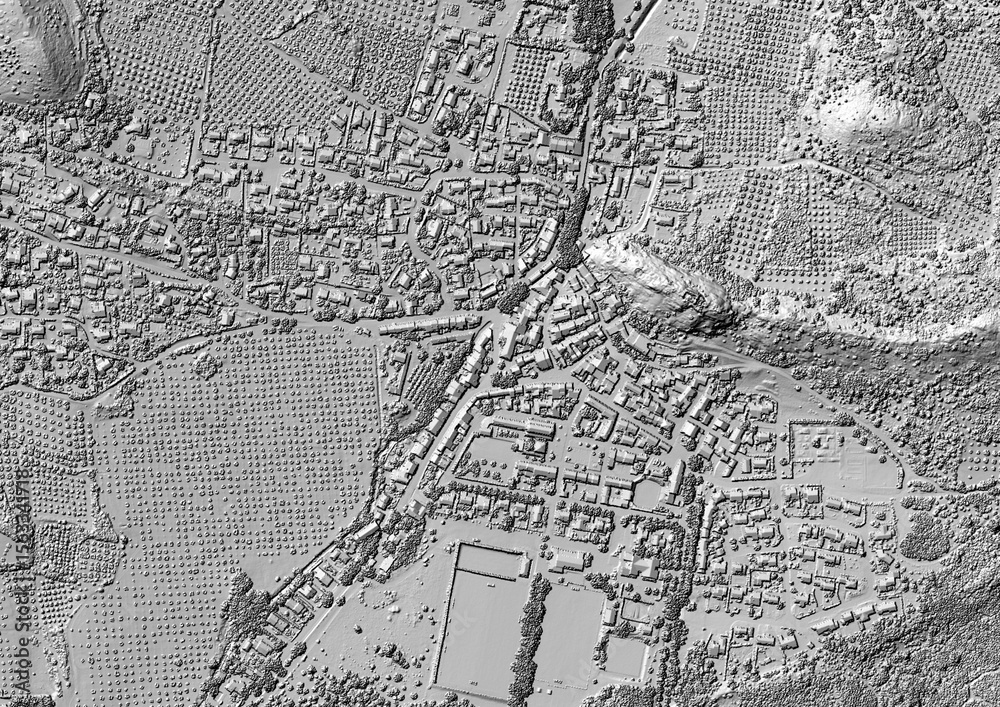 Naklejka premium Concept de fond géographique - Données lidar HD - Vue aérienne de la topographie d'un territoire - Rendu 2d modèle numérique de terrain et nuage de points Lidar HD