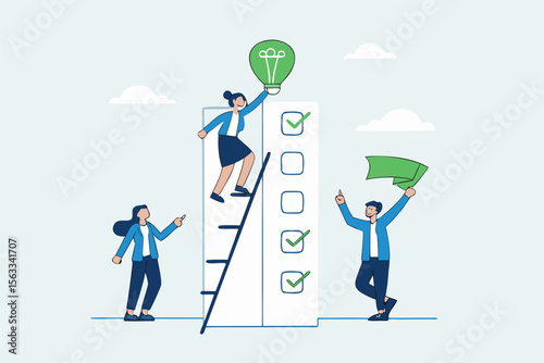 Flat illustration of employees placing green ESG lightbulb on top of checklist to represent clean energy goal achievement