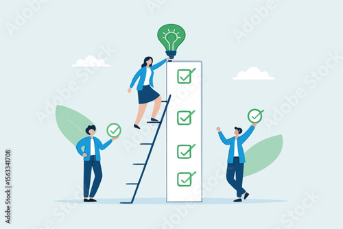 Flat illustration of employees placing green ESG lightbulb on top of checklist to represent clean energy goal achievement
