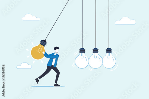 Flat illustration of businessman swinging glowing lightbulb as pendulum to spark creativity innovation and knowledge transfer 

