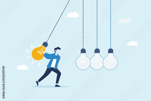 Flat illustration of businessman swinging glowing lightbulb as pendulum to spark creativity innovation and knowledge transfer 
