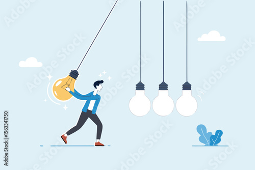 Flat illustration of businessman swinging glowing lightbulb as pendulum to spark creativity innovation and knowledge transfer 
