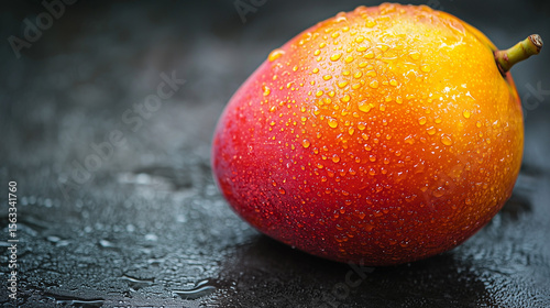 One juicy mango with drops of condensation on a stone table, minimal background, space for text.