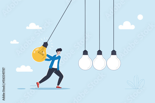 Flat illustration of businessman swinging glowing lightbulb as pendulum to spark creativity innovation and knowledge transfer 
