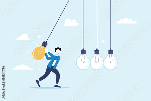 Flat illustration of businessman swinging glowing lightbulb as pendulum to spark creativity innovation and knowledge transfer 
