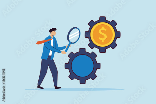 Flat illustration of businessman inspecting gear wheels of chart and coin with magnifier to optimize budget mechanism and financial performance 
