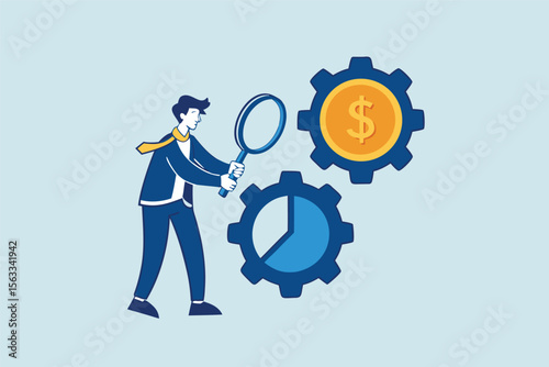 Flat illustration of businessman inspecting gear wheels of chart and coin with magnifier to optimize budget mechanism and financial performance 