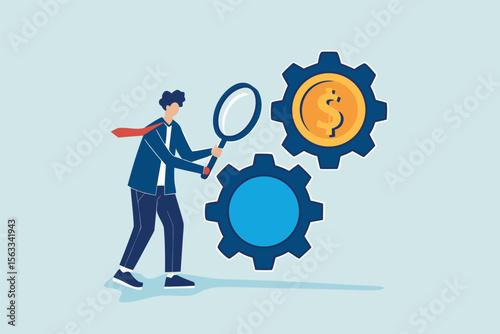 Flat illustration of businessman inspecting gear wheels of chart and coin with magnifier to optimize budget mechanism and financial performance 