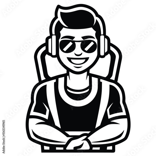 Smiling person in sunglasses and headphones, seated in a chair