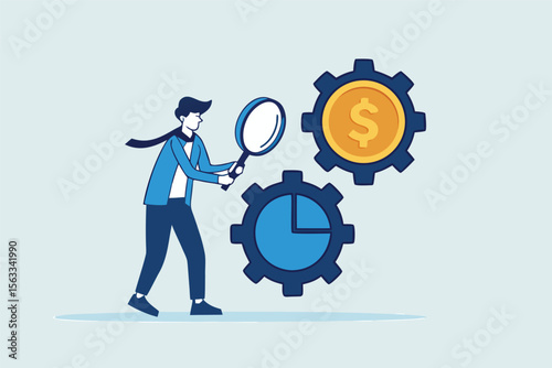 Flat illustration of businessman inspecting gear wheels of chart and coin with magnifier to optimize budget mechanism and financial performance 