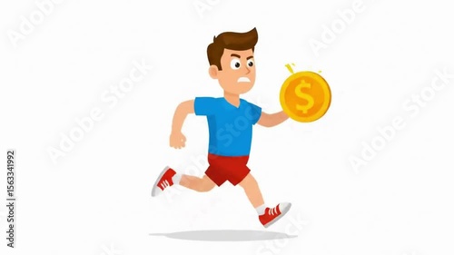 Animated man running fiercely while holding a USA gold coin. Full body 2D cartoon, white background, alpha channel. Energetic motion, fast pace, 4K video.


