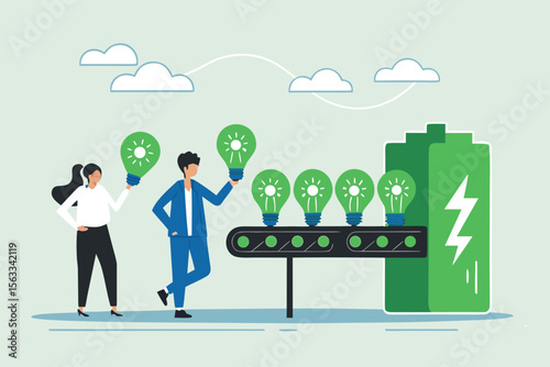 Flat illustration of employees arranging conveyor belt of ESG green bulbs into renewable power system 